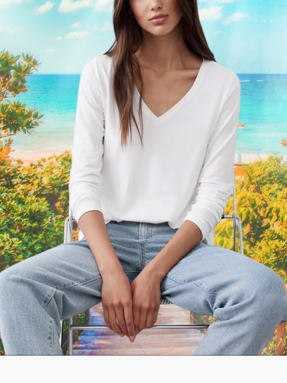 BANANA REPUBLIC CLASSIC WHITE V NECK TEE LONG SLEEVE XL